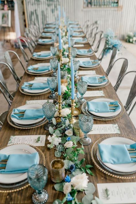 Whimsical Head Table Wedding, Blue Wedding Set Up, Gold Green Blue Wedding, Sky Blue And Green Wedding, Blue Candle Sticks Wedding, Green And Blue Tablescape, Green And Blue Party Decorations, Touch Of Blue Wedding, Light Blue Table Setting