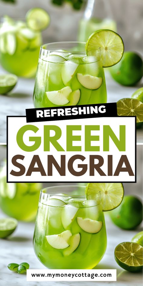 A vibrant green sangria made with white wine, fresh green fruits like kiwi, grapes, and apples, and a splash of citrus soda is the ultimate party drink. Light, refreshing, and full of flavor, this sangria is perfect for entertaining. Make it ahead to let the flavors meld, and garnish with mint for a festive touch. Pin this for your next gathering! Green Sangria Recipe St. Patrick's Day, Green Apple Sangria, Green Sangria, Leprechaun Cocktail, Green Apple Vodka, Cozy Hot Drinks, St Patricks Food, Apple Schnapps, Apple Vodka