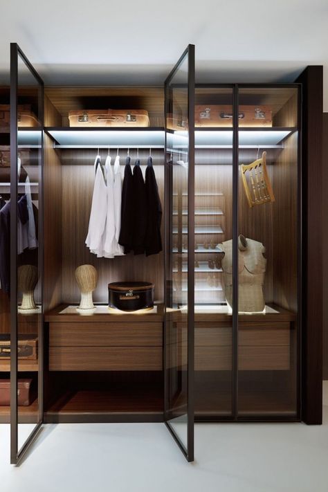 Observed recently: closets and wardrobes with glass doors to encourage orderliness (and easy access on rushed mornings). Best Closet Systems, A Walk In Closet, Modular Closets, Glass Closet, Dressing Room Closet, Walking Closet, Walk In Closet Design, Open Closet, Modern Closet