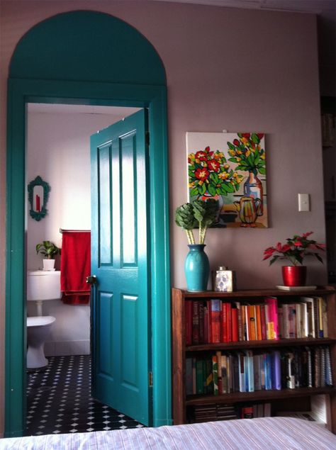 paint an arch over the door to add extra detail. LOVE that idea for a tall wall... we have some of those! 2023 Boho Home Decor, Mint Bedroom, Office Redo, Bohemian Homes, Turquoise Door, Painted Interior Doors, Wall Pops, Diy Casa, Creative Spaces