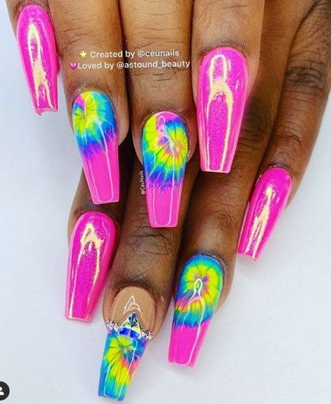 Summer Nails Finger Nail Art Designs, Bright Neon Acrylic Nails, Short Gel Nail Art, Bright Color Nails, Finger Nail Designs, Beautiful Gel Nails, Tye Dye Nails, Bright Summer Acrylic Nails, Nail Design Glitter