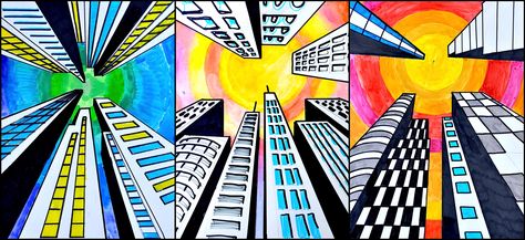 Buildings in one point perspective..... 3 palazzi prospettiva Landscape Art Lessons, Perspective Lessons, 7th Grade Art, Middle School Art Projects, Art Lessons Middle School, Art Projects For Teens, 6th Grade Art, 4th Grade Art, 5th Grade Art