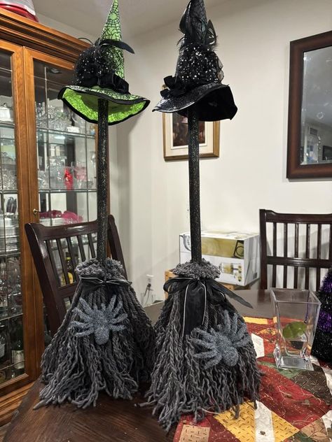 Diy Witch Brooms, Diy Witch Boots Decor, Dollar Tree Wire Witches Hat Into Gnome, Diy Floral Witches Broom, Dollar Tree Plunger Witch Broom, Diy Mini Witch Broom, Creepy Halloween Decorations Diy, Halloween Witch Brooms, Holiday Decor Halloween