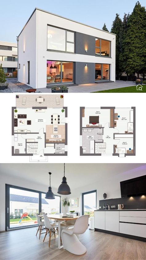 Minimalist ​House Plans Modern with 2 Story, 3 Bedroom and Flat Roof, Architecture Design Ideas Interior Exterior Contemporary European Styles, Plan HD28846 - Dream Home San Pedro / Gussek Haus - Illustration, Drawing, Rendering, Photography and Layout Concept Inspiration - Arquitectura moderna casas planos - HausbauDirekt.de #home #house #houseplan #houseplans #homesweethome #dreamhome #newhome #newhouse #homedesign #houseideas #housegoals #architecture #architect #arquitectura #hausbaudirekt Roof Architecture Design, Flat Roof Architecture, Modern Minimalist House Design, Minimalist Modern House, Drawing Rendering, House Plans Modern, House Plan Modern, 2 Story House, Flat Roof House