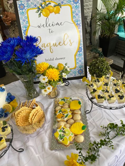 Lemon Bridal Shower Theme Table Decor, Lemon And Blue Themed Bridal Shower Ideas, Bridal Shower Food Layout, Bridal Shower Tuscan Theme, Italian Blue And Lemon Theme, Mediterranean Themed Bridal Shower Ideas, Sicilian Bridal Shower Theme, Lemon Brunch Theme, Lemons Bridal Shower Theme