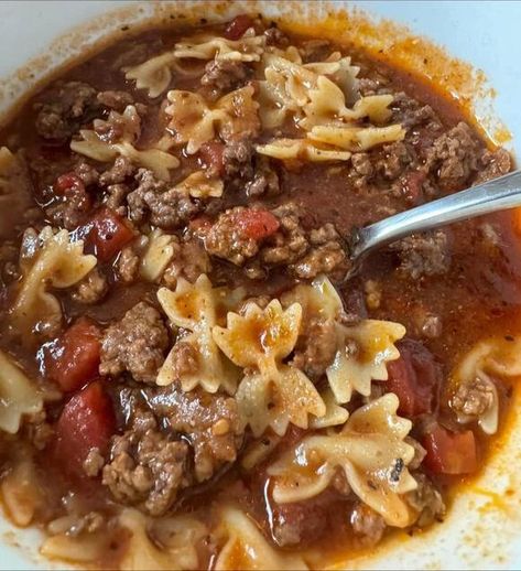 Ground Beef And Macaroni Tomato Soup, Creamy Ground Beef And Macaroni Tomato Soup, Bowtie Soup Recipes, Macaroni And Beef Soup, Bowtie Pasta Soup, Mini Bow Tie Pasta Recipes, Bow Tie Pasta Recipes Ground Beef, Beef And Macaroni Soup, Tomato Macaroni Soup Recipe