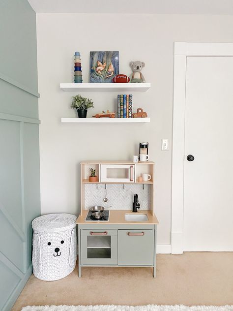 Sage Green & Neutral Superhero Playroom - Project Nursery Mint Green Playroom, Toy Room Paint Colors, Green Playroom Ideas, Neutral Playroom Paint Colors, Playroom Wall Color Ideas, Sage Green Playroom, Toddler Boy Room Paint Colors, Sage Green Kids Room, Playroom Colors Paint