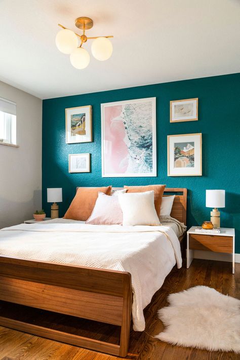 Berkeley Lake Renovation - Beach Style - Bedroom - Denver - by TVL Creative Ltd. | Houzz Teal Wall Bedroom Ideas, Teal Painted Walls, Bedroom Wall Paint Colors, Colour Furniture, Teal Rooms, Beach Style Bedroom, Wall Color Combination, Feature Wall Bedroom, Bedroom Color Combination