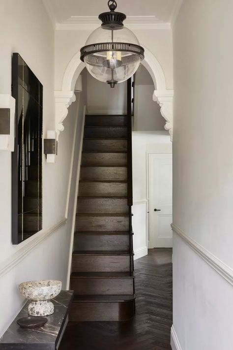 Dark Hallway Lighting Ideas, Ebony Floors, Covet Noir, Dark Walnut Floors, Dark Brown Wood Floors, Dark Oak Flooring, House Moodboard, Dublin House, Hardwood Floor Colors