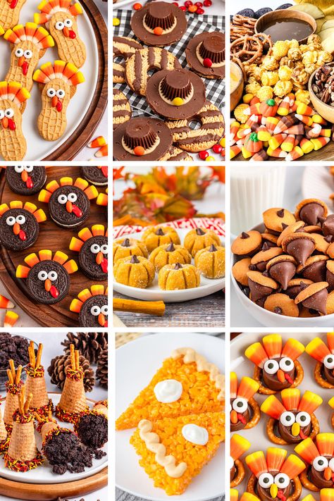 Fun Thanksgiving Snacks And Desserts Friendsgiving Treat Ideas, Fun Thanksgiving Treats For Kids To Make, Thanksgiving Theme Snacks For Kids, Thanksgiving Party For Preschoolers, Kids Desserts Thanksgiving, Edible Thanksgiving Favors, Thanksgiving Table Favor, Kids Friendsgiving Party Ideas Food, Thanksgiving Theme Snacks