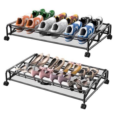 PRICES MAY VARY. 【Sturdy & Durable】The under bed shoe storage organizer adopt metal material for forming a sturdy frame to ensure it is robust and durable than those traditional fragile plastics material under bed shoe organizer. With breathable the mesh fabric, the under bed storage containers has two separate compartments and could be adjustable for flat or angled use which will meet your long term storage needs or daily use. 【360° Rotating Wheels】 Compared with ordinary shoe organizer under b Shoe Organization Under Bed, Under The Bed Shoe Storage, Shoe Storage For Small Closet, Pull Out Shoe Storage, Shoe Storage On Wheels, Rolling Under Bed Storage, Underbed Shoe Storage, Shoe Organizer Under Bed, Shoe Organization Small Space