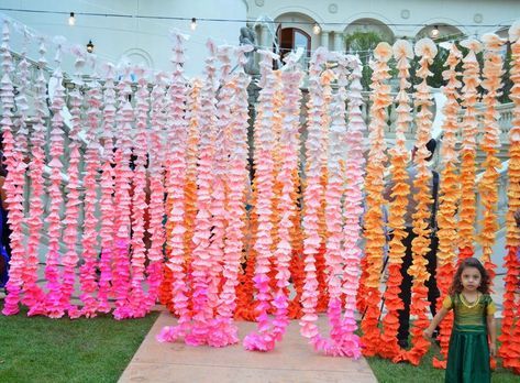 #GetTheLook: DIY Ombre Floral Bridal Mehendi Backdrop! | WedMeGood Indian Party Themes, Bollywood Theme Party, Indian Engagement, Paper Flower Garlands, Bollywood Theme, Indian Theme, Bollywood Party, Diy Ombre, Indian Flowers