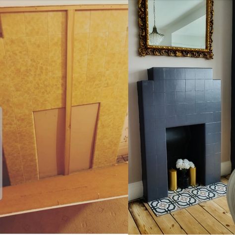 Deco fireplace. How we gave our 1930s tiled fireplace a stylish makeover #periodfeatures #artdeco #artdecofireplace #tiledfireplace #interiorinspo #firedearthtiles #firedearth #makeover 1960 Fireplace Makeover, 1930s Tiled Fireplace, Art Deco Tiled Fireplace, 1930 Fireplace Makeover, 1930s Fireplace Makeover, 1920s Fireplace, Fireplace With Cabinets, Artsy House, 1930s Fireplace