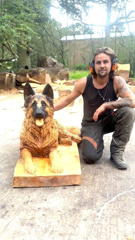 Watch me Chainsaw Carving a Gorgeous German Shepherd Dog 🐶🥹❤ | German Shepherd, art of sculpture, dog, woodworking | Chainsaw Carving a Gorgeous German Shepherd Dog 🐶🥹❤ Watch till the end to see it all finished! #dogs #woodworking #chainsaw #sculpture #germanshepherd... | By Michael Jones Chainsaw Sculptor | Facebook German Shepherd Painting, Chain Saw Art, Chainsaw Sculpture, Chainsaw Wood Carving, German Shepherd Art, Dog Bench, Tree Carving, Chainsaw Carving, Romantic Country