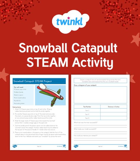 Wonderful winter STEAM project that challenges students to build a snowball catapult, then launch mini marshmallows as 'snowballs.' The resource includes an activity sheet for students to draw their model, record measurements and analyse their tests. Create a Twinkl account to download this resource.   #stem #steam #stemforkids #stemactivities #snow #snowball #science #technology #engineering #maths #teacher #teach #twinkl #twinklresources #education #christmas #festive #seasonal #holidays Winter Stem, Maths Teacher, Steam Activity, Stem Subjects, Stem Resources, Steam Projects, Challenges Activities, Winter Activity, Stem Steam