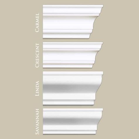 Mix Samples | Flat Back Styles Carmel, Crescent, Linda & Savannah | Foam Crown Molding Basement Remodel Ceiling, Ceiling Crown, Foam Crown Molding, Foam Crown, Ceiling Crown Molding, Basement Remodel Diy, Crown Moldings, Home Remodeling Diy, Crown Moulding