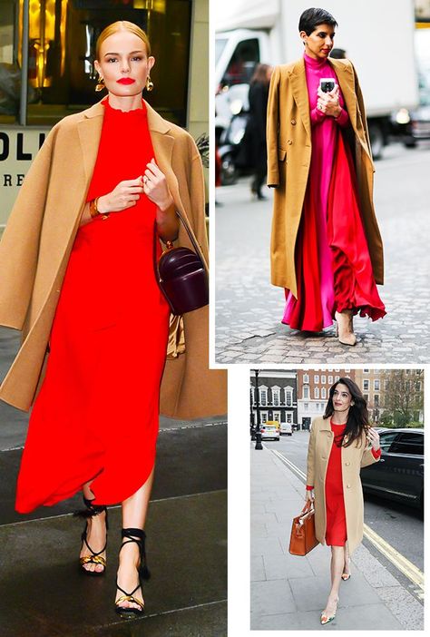 History Proves These 8 Things Always Work With a Red Dress via @WhoWhatWearUK Red Dress Outfit Winter, Red Dress Street Style, Red Dress Jacket, Dress Coat Outfit, Red Dress Accessories, Red Flowy Dress, Red Flower Dress, Red Slip Dress, Long Red Dress