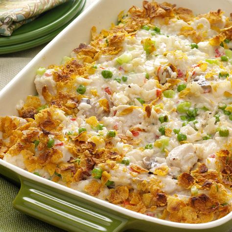 Potluck Chicken Casserole Recipe -Folks go back for seconds of this meal-in-one casserole with its down-home flavor, rich sauce and golden topping. I always bring home an empty dish. -Ruth Andrewson, Leavenworth, Washington Best Chicken Casserole, Cauliflower Casserole Recipes, Chicken Casseroles, Chicken Tikka Masala Recipes, Rice Casserole Recipes, Sweet Potato Recipes Casserole, Healthy Potato Recipes, Potatoe Casserole Recipes, Chicken Tender Recipes