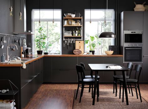 L-shaped kitchen designs: 11 ways to make your space work | Real Homes Ikea Kitchen Inspiration, Ikea Bodbyn, Life Kitchen, Black Kitchen Cabinets, L Shaped Kitchen, Kitchen Gallery, Design Line, Ikea Family, Restaurant Kitchen