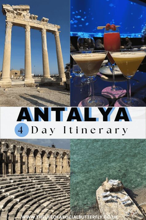 How to spend 4 days in Antalya Itinerary - 4 days in Antalya Turkey’s Turquoise Coast Resort  - The Life of a Social Butterfly How to spend 4 days in Antalya Itinerary - 4 days in Antalya Turkey’s Turquoise Coast Resort  (2024 ) Türkiye Old Town Restaurant, Side Antalya, Antalya Turkey, Barcelona Travel, Road Trip Itinerary, Ancient Ruins, Best Places To Visit, Ancient Cities, European Travel