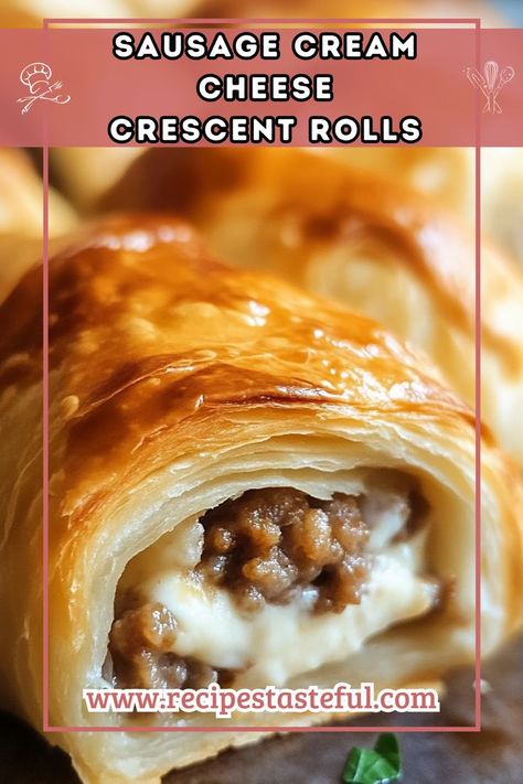 These Sausage Cream Cheese Crescent Rolls are the perfect bite-sized appetizer or breakfast option. With a savory filling of ground pork sausage and creamy cheese, wrapped in flaky crescent dough, they are a crowd-pleaser for any occasion! Ground Pork Sausage Recipes, Sausage Cream Cheese Crescent Rolls, Sausage Appetizer Recipes, Sausage Crescent, Sausage Crescents, Sausage Crescent Rolls, Sausage And Cream Cheese, Cream Cheese Sausage, Sausage Cream Cheese