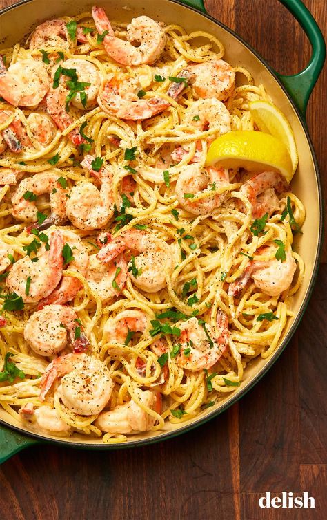 Creamy Lemon Pepper Shrimp Spaghetti is like summer in a pan. Get the recipe at Delish.com. #recipe #easy #easyrecipes #delish #lemon #pepper #spaghetti #shrimp #seafood #pasta #summer Lemon Pepper Shrimp, Shrimp And Pasta, Pasta With Shrimp, Shrimp Spaghetti, Pasta Food Recipes, Pepper Shrimp, Dish Ideas, Pasta Food, Shrimp Dishes