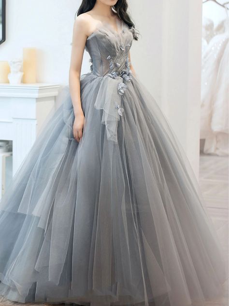 Gray Formal Dress, Grey Evening Dresses, Strapless Evening Dress, Strapless Prom Dresses, Long Prom Gowns, Tulle Ball Gown, Evening Dress Fashion, Custom Size Dresses, A Line Prom Dresses