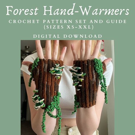 Forest Elf Crochet, Fern Leaf Crochet Pattern, Crochet Herbs Pattern, Crochet Mushroom Skirt, Crochet Leaf Top, Crochet Patterns For Clothes, Crochet Hand Warmers Tutorial, Renn Faire Crochet, Emo Crochet Patterns