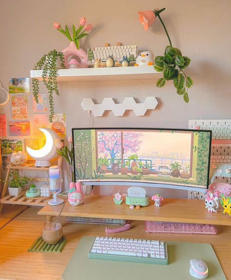 Peach Gaming Setup, Double Gaming Setup, Gaming Desk Essentials, Girly Desk Setup, Pastel Desk Setup, Cottagecore Gaming Setup, Pastel Gaming Setup, Pastel Office Decor, Cute Gaming Desk