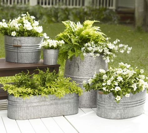 Looking for the perfect, unique containers for your plants? Galvanized planters are it! Sharing inspiring pics and planting tips to help you go galvanized! Front Porch Flowers, Metal Buckets, Porch Plants, Metal Tub, Porch Flowers, Tiered Garden, Have Inspiration, Garden Containers, Galvanized Metal