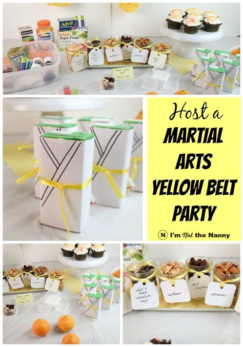 Celebrate your kids' martial arts belt promotion with a celebration! Super easy karate party ideas for yellow belt, red belt or more! [AD] #Healthy4School @walmart Karate Party Ideas, Martial Arts Party Favors, Karate Sign, Karate Party Favors, Karate Kid Quotes, Martial Arts Party, Karate Birthday Party, Martial Arts Birthday, Martial Arts Belt