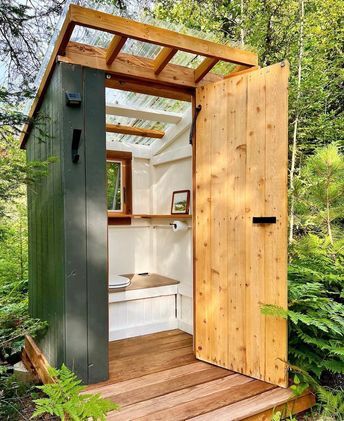 Outhouse with Skylight | Ana White Outhouse Bathroom, Outdoor Bathroom Design, Outdoor Toilet, Outdoor Bath, Composting Toilet, Outdoor Bathrooms, Tiny House Cabin, Cabin Life, Cabins In The Woods