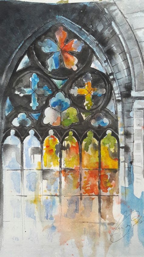 Watercolor Stained Glass Painting, Italian Cityscape, Stained Glass Watercolor, Acrylic Portrait Painting, Art Alevel, A Level Art Sketchbook, Glass Window Art, Watercolor Architecture, Diy Watercolor Painting