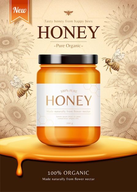 Sunflower honey ad | Premium Vector #Freepik #vector #honey-poster #honey-mockup #honey-bottle #honey-jar Pure Honey, Fashion Wallpaper, Social Media Design, Premium Vector, Graphic Resources, Sunflower, Honey, Social Media, Pure Products