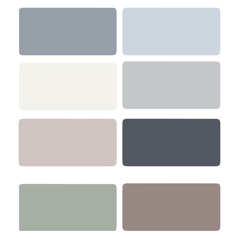 color pallets | starting in upper right: Bracing Blue, Upward, Classic Light Bluff ... Classic Home Color Palette, Light Gray Color Palette, Bracing Blue, Light Blue Grey Paint, Svelte Sage, Colourful Homes, Decor Palette, Blue Gray Paint Colors, Dutch Cocoa