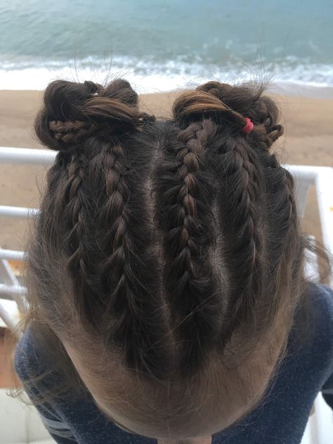 Small Space Buns, French Plait Hairstyles, Plaited Bun, French Plait, Mini Bun, Two Buns, Hairstyle Examples, French Braids, Space Buns