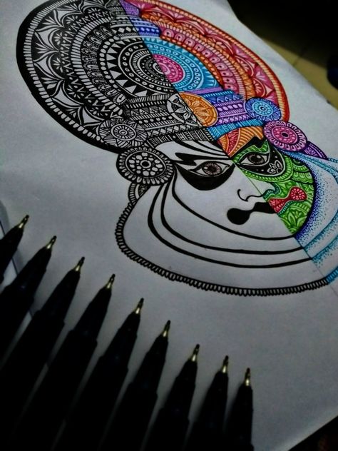 Kathakali Face Mandala Art, Mandala Art Kathakali, Kathakali Doodle Art, Karnataka Janapada Kale Drawing, Yakshagana Mandala Art, Kathakali Mandala Art, Kathakali Face Drawing Outline, Yakshagana Drawing, Kathakali Drawing