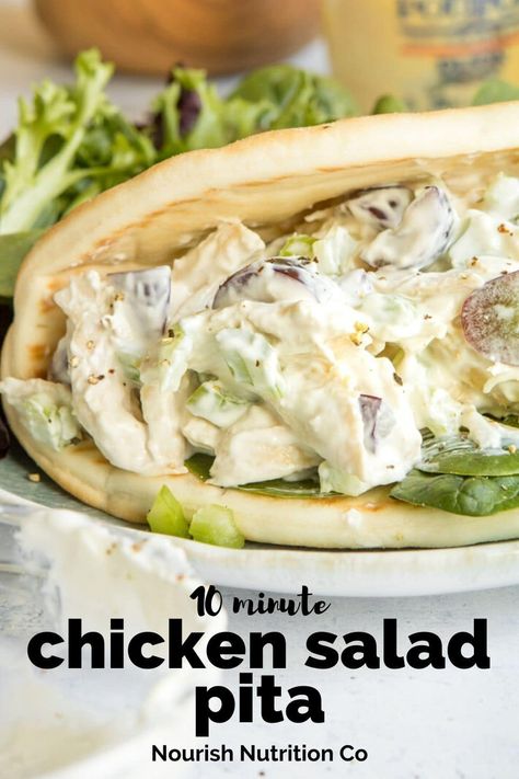 Make this healthy chicken salad sandwich recipe on a pita for lunch. It's bursting with flavor from tangy Greek yogurt, red grapes, and celery. #chicken #grapes #lunch #quickmeal Chicken Salad Pita, Healthy Chicken Salad Sandwich, Mayonnaise Dressing, Lunch Chicken, Easy Chicken Salad, Apple Pork Chops, Healthy Chicken Salad, Cold Lunches, Chicken Salad Sandwich