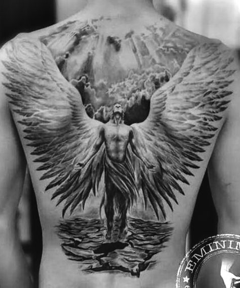 Mens Angel Back Tattoo, Back Tattoos For Guys Upper Words, Back Angel Tattoo For Men, Gardian Angel Tattoo For Men, Back Tattoos For Guys Angel, Men’s Angel Tattoo, Micheal Arc Angel Tattoo, Angel Tattoo Men Back, Angel Tattoos Men