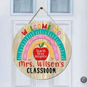 Teacher Door Sign | Etsy Teacher Welcome Signs, Classroom Door Sign, Teacher Door Sign, Classroom Door Signs, Teacher Door Signs, Teacher Rainbow, Teacher Name Signs, Teacher Door, Rainbow Sign