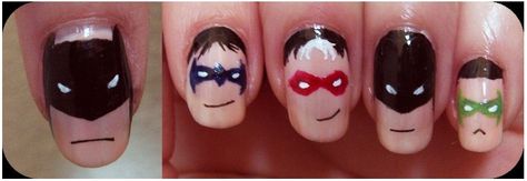 The Bat boys nail art Robin/Nightwing/Redhood Boys Nail Art, Robin Nails, Nightwing Redhood, Nightwing Red Hood, Carrie Kelly, Batman Nails, Helena Wayne, The Bat Boys, Batman Nightwing