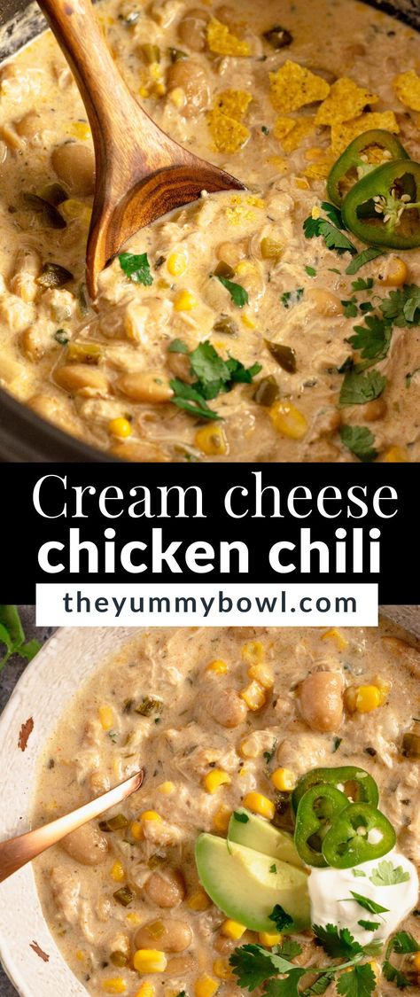 It is an easy and healthy version of crock pot chicken chili with cream cheese. Perfect for 4 servings and any leftovers can be refrigerated, it tastes better on the next day too! Crockpot Chicken Cream Cheese, Chicken Chili With Cream Cheese, Chili With Cream Cheese, Crock Pot Chicken Chili, Chili Slow Cooker, Cream Cheese Chicken Chili, White Chicken Chili Slow Cooker, Ms Recipes, Chicken Chili Crockpot