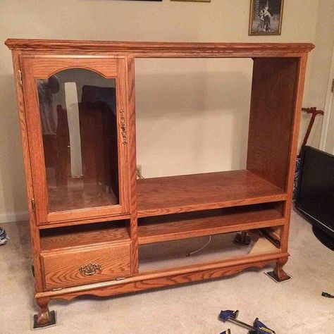 Bringing an Oak Entertainment Center Into 2014 Oak Entertainment Center, Diy Painted Furniture, Old Entertainment Centers, Entertainment Center Redo, Entertainment Center Makeover, Home Improvement Ideas, Entertainment Cabinet, Fire And Blood, Entertainment Center Repurpose