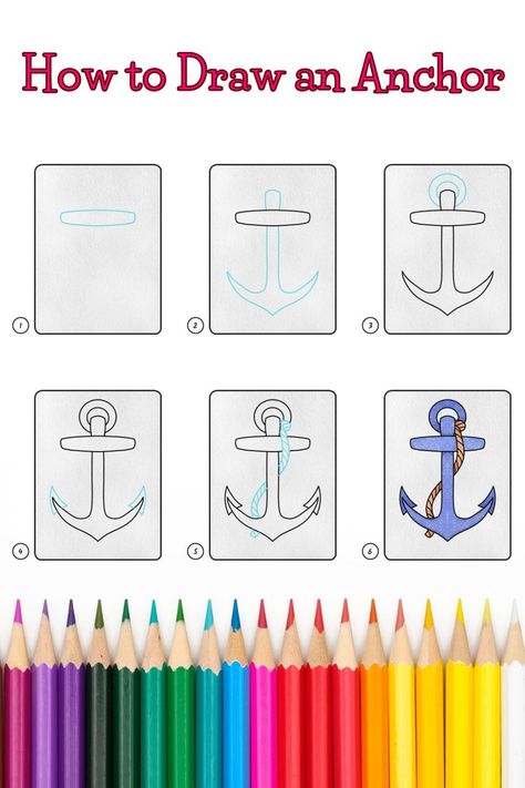 Step by step images demonstrating an How to Draw an Anchor - A Drawing Lesson for Kids! Anchor Drawing, Picture To Draw, Nautical Drawing, Anchor Drawings, Beach Drawing, Boat Drawing, Drawing Lessons For Kids, Drawing Lesson, Ocean Crafts