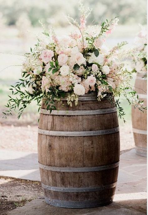 Barrels With Flowers, Barrel Flowers, Neutral Wedding Flowers, 50th Wedding Anniversary Party, 30th Wedding Anniversary, Unique Wedding Decor, Wine Barrels, Barn Decor, Wedding Barn