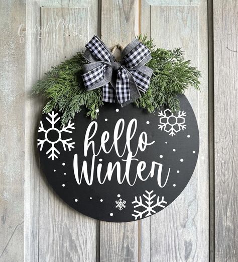 18"  Round Door Hanger - Hello Winter | Creekside Place Designs Hello Winter Door Sign, Winter Round Door Signs, Winter Door Rounds, Winter Wood Door Hangers, Winter Door Hangers Wooden, Winter Door Hangers Diy, Round Welcome Door Signs, Winter Door Signs, Winter Door Hangers