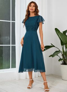 V-Neck A-line Lace Chiffon Chiffon Lace Maxi Dresses (293252119) - JJ's House A Line Dress Wedding Guest, Wedding Guest Dress Fall Short, Classy Knee Length Dresses, Winter Formal Dresses For Teens Modest, Modest Formal Dresses Knee Length, Midi Wedding Guest Dress With Sleeves, Tea Length Blue Dress, Party Dresses Modest, Modest Midi Dress Formal