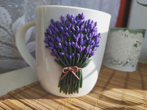 Polymer clay decor on the mug Polymer Clay Lavender, Clay Lavender, Polymer Clay Decor, Clay Decor, Polymer Clay, Lavender, Mug, Fimo