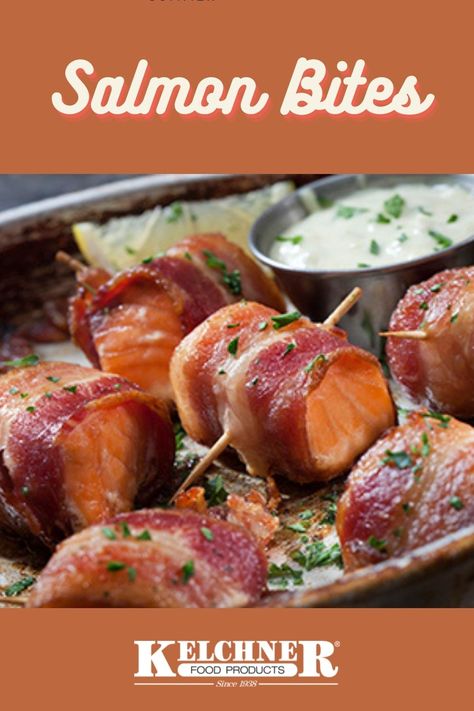 Make our Bacon Wrapped Salmon Bites today! They're easy to make & delicious! #salmon #appetizer #partyrecipe #kelchners #bacon #newrecipe Bacon Wrapped Salmon Bites, Bacon Wrapped Salmon, Salmon Bites Recipe, Salmon Appetizer, Salmon Bites, Bacon On The Grill, Making Food, Food Appetizers, Tailgate Food