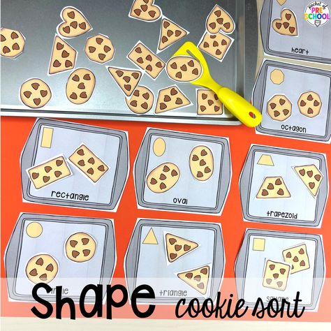 Shape cookie sort plus more baking activities and centers designed for preschool, pre-k, and kindergarten. These are perfect for a holiday, bakery, or sweet treat theme. Sorting Centers For Preschool, Bakery Activity Preschool, Shapes Small Group Preschool, Kindergarten Baking Activities, Bakery Theme Preschool Activities, Cookie Fine Motor Activities, Dessert Theme Preschool Activities, Food Activities Preschool Art, Preschool Centers Activities